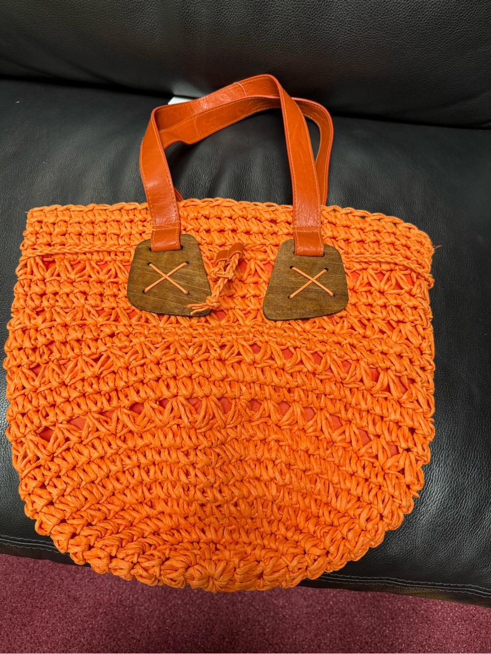 Vintage Straw Studios Orange Crochet Tote Bag with Handles. Beach/Boho